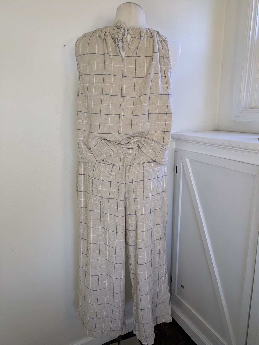 Zac & Rachel Linen Pant Tank Set XL Beige Navy Striped - Picture 4 of 8